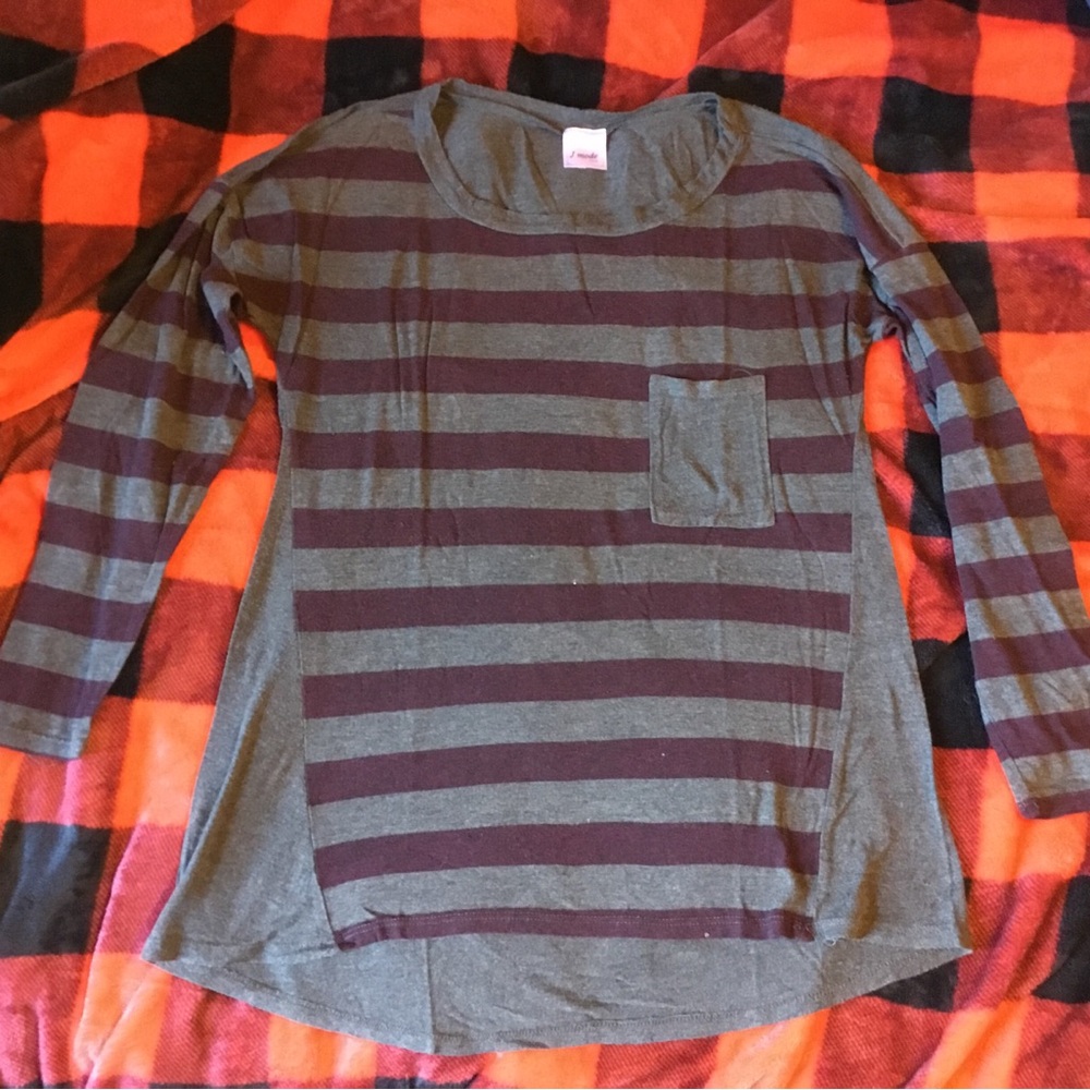 Purple and Gray Long Sleeve Tee with Crew Neck and Relaxed Fit